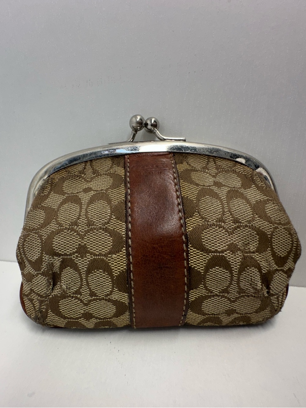 Coach Kiss-lock Brown Signature Coin Purse with Leather Trim